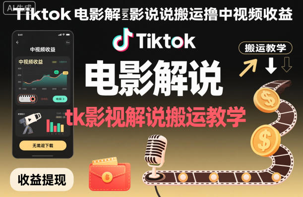 Tiktok电影解说搬运撸中视频收益，tk影视解说搬运教学-生财