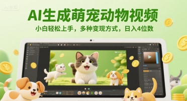 AI生成萌宠动物视频，小白轻松上手，多种变现方式，日入4位数-生财