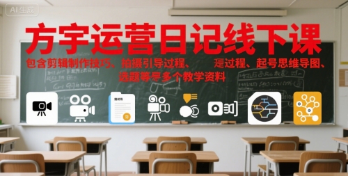 方宇运营日记线下课，包含剪辑制作技巧、拍摄引导过程、起号思维导图、选题等多个教学资料-生财