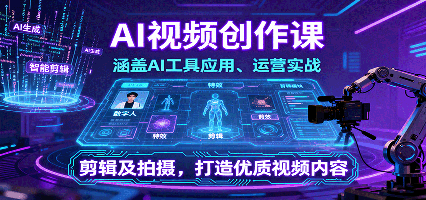 AI视频创作课，涵盖AI工具应用、运营实战、剪辑及拍摄，打造优质视频内容-生财