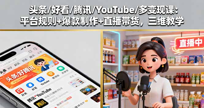 头条/好看/腾讯/YouTube/多变现课:平台规则+爆款制作+直播带货,三维教学-生财