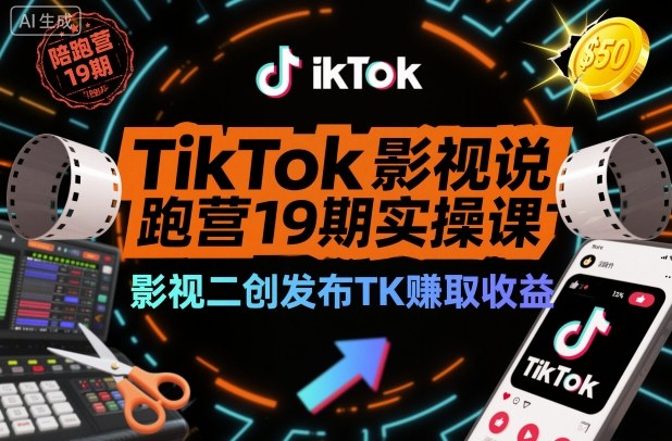 TikTok影视解说陪跑营19期实操课，影视二创发布TK賺取收益，万播收益50美金-生财