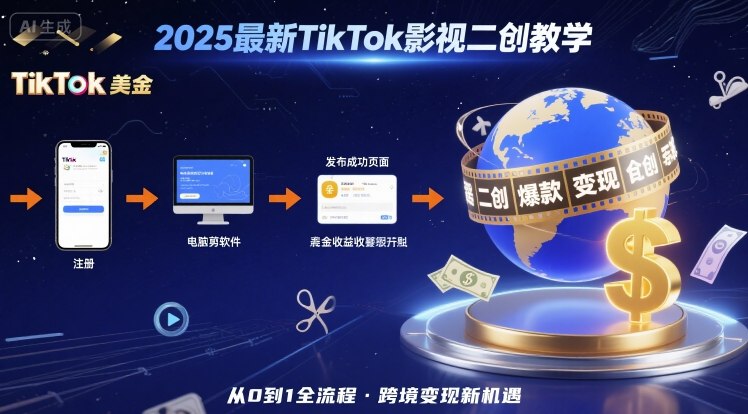 2025年最新TikTok影视二创教学，从注册到发布撸美金全流程，跨境变现新机遇-生财