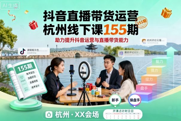 抖音直播带货运营杭州线下课155期，助力提升抖音运营与直播带货能力-生财