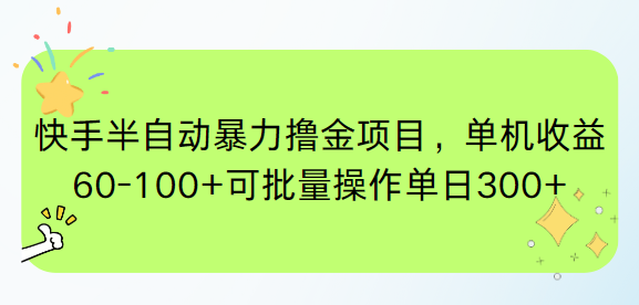 快手半自动暴力撸金项目,单机收益60-100+可批量操作单日300+-生财