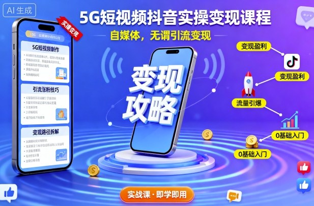 5G短视频抖音实操变现课程，自媒体，无谓引流变现-生财