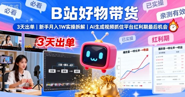 B站好物带货,3天出单,新手月入1W实操拆解,AI生成视频,抓住平台红利期最后机会-生财