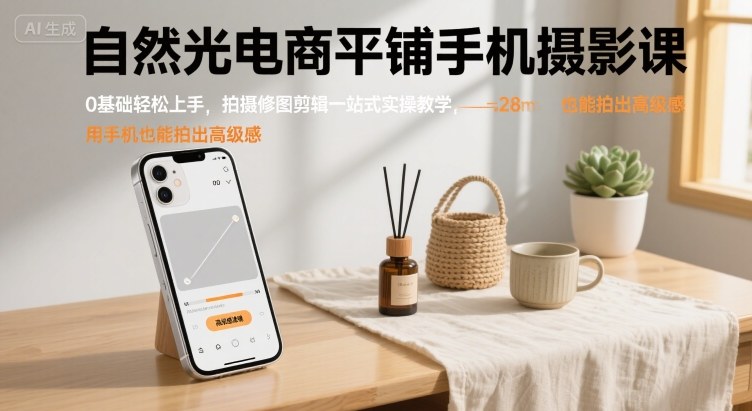 自然光电商平铺手机摄影课，0基础轻松上手，拍摄修图剪辑一站式实操教学，用手机也能拍出高级感-生财