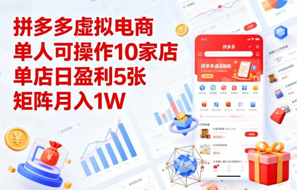 拼多多虚拟电商，单人可操作10家店，单店日盈利5张，矩阵月入1W+【揭秘】-生财
