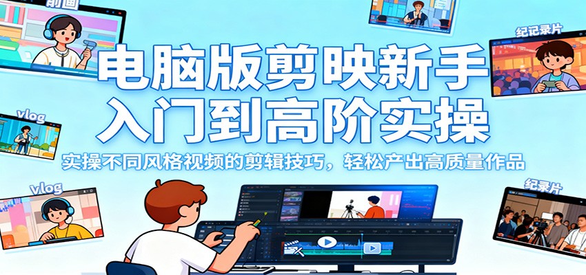电脑版剪映新手入门到高阶实操，实操不同风格视频的剪辑技巧，轻松产出高质量作品-生财