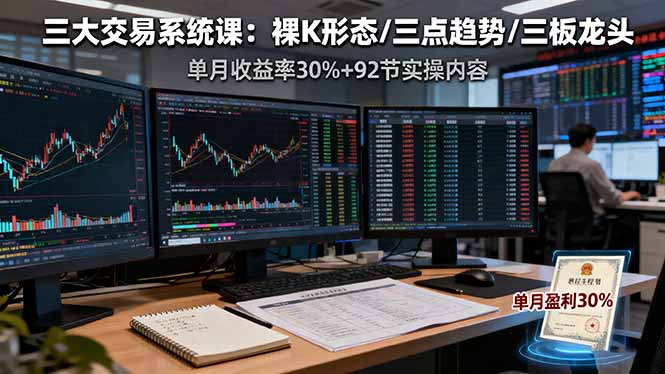 三大交易系统课:裸K形态/三点趋势/三板体系,单月收益率30%+92节实操内容-生财