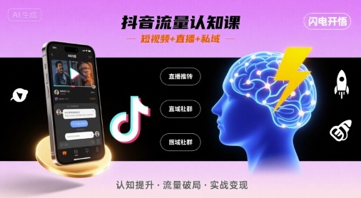 抖音流量认知课，短视频+直播+私域，认知提升，闪电开悟-生财