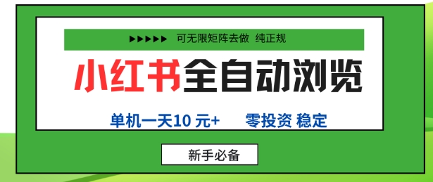 小红书全自动浏览项目，零投资，全程手机去跑，单账号一天10米+，可无限矩阵去做【揭秘】-生财