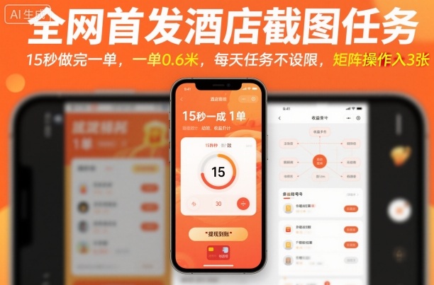 全网首发酒店截图任务，15秒做完一单，一单0.6米，每天任务不设限，矩阵操作日入3张【揭秘】-生财