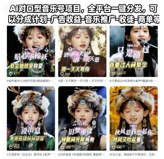 AI对口型音乐号项目，全平台一键分发，可以分成计划-广告收益-音乐推广-收徒-商单等-生财