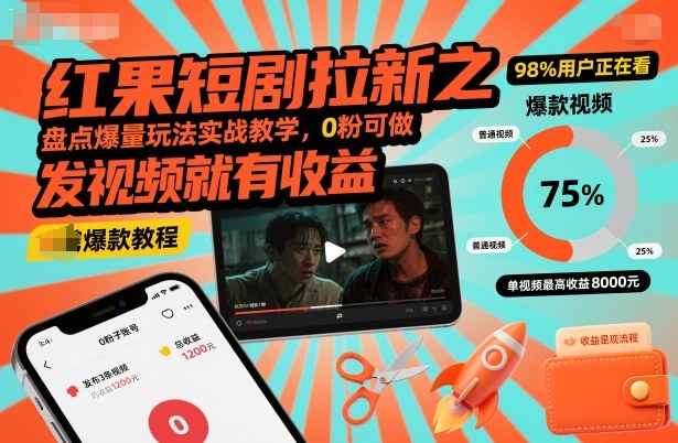 红果短剧拉新之盘点爆量玩法实战教学，0粉可做，发视频就有收益-生财