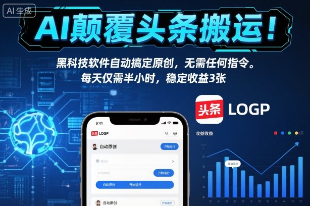 AI颠覆头条搬运！黑科技软件自动搞定原创，无需任何指令。每天仅需半小时，稳定收益3张【揭秘】-生财