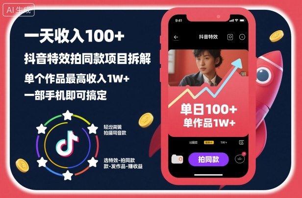 一天收入100+，抖音特效拍同款项目拆解，单个作品最高收入1W+，一部手机即可搞定-生财