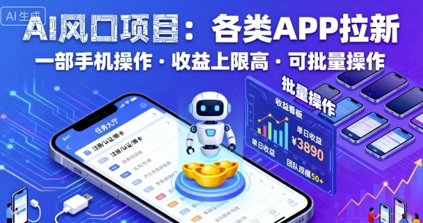 AI风口项目，各类APP拉新，一部手机就可以操作，收益上限高，可批量操作-生财