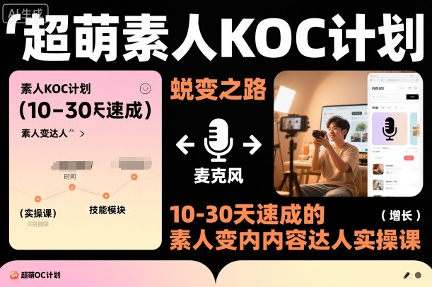 超萌素人KOC计划，10-30天速成的素人变内容达人实操课，适合想做短剧小说推文电商推广的素人入局-生财