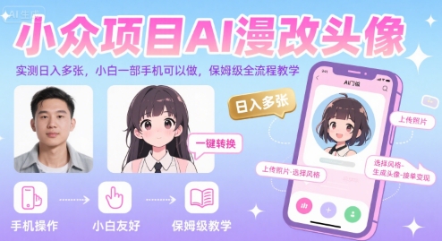 小众项目AI漫改头像，实测日入多张，小白一部手机可以做，保姆级全流程教学-生财