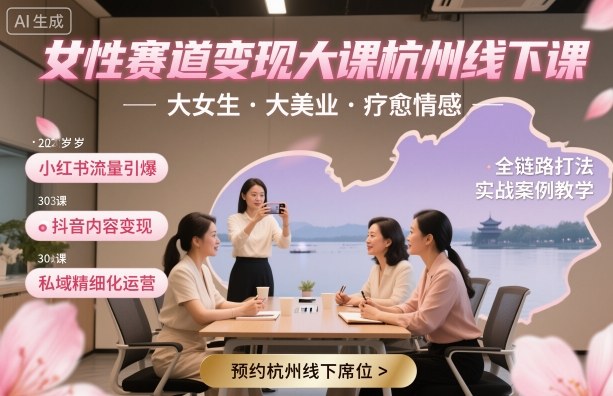 女性赛道变现大课杭州线下，大女生，大美业，疗愈情感，一套小红书、抖音、私域全链路打法-生财