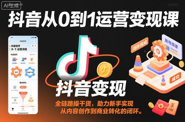 抖音从0到1运营变现课，全链路实操干货，助力新手实现从内容创作到商业转化的闭环-生财