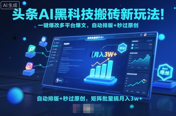 头条AI黑科技搬砖新玩法！一键爆改多平台爆文，自动排版+秒过原创，矩阵批量搞月入3w+【揭秘】-生财