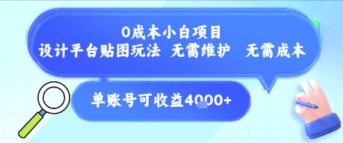 0成本小白项目，设计平台贴图玩法，无需维护，无需成本，单账号单月可产生收益4k+-生财