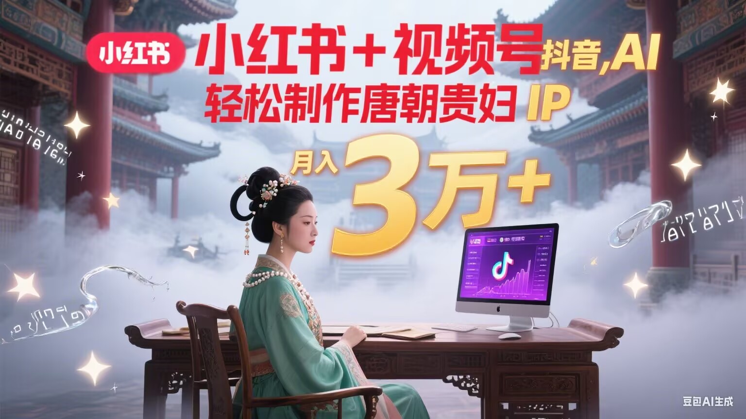 小红书+视频号+抖音，AI轻松制作唐朝贵妇IP，毒鸡汤、励志、减肥瘦身、养生赛道轻松切入，每天30分钟，轻松产出N条，月入3万+-生财