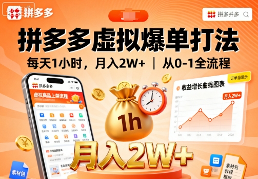 拼多多虚拟爆单打法，每天1小时，月入2W+，从0-1全流程-生财