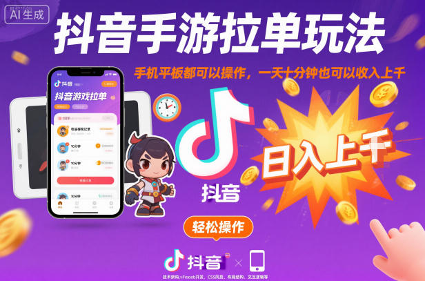 抖音手游拉单玩法,手机平板都可以操作,一天十分钟也可以收入上K【揭秘】-生财