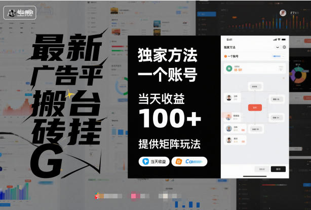 最新广告平台搬砖挂G，独家方法，一个账号，当天收益100+，提供矩阵玩法【揭秘】-生财