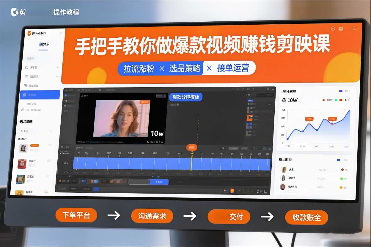 手把手教你做爆款视频赚钱剪映课，手把手教学拉流涨粉、选品策略和接单运营(更新2026)-生财