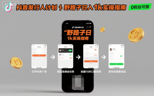 抖音发行人计划全新野路子玩法，随时随地，只要有手机，就能操作，日入1k+【揭秘】-生财