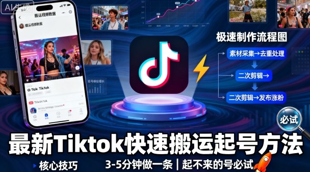 最新Tiktok快速搬运快速起号方法，3-5分钟做一条，起不来的号可以试试-生财