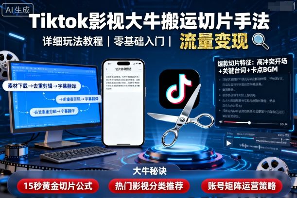 Tiktok影视大牛搬运切片手法,详细玩法教程-生财