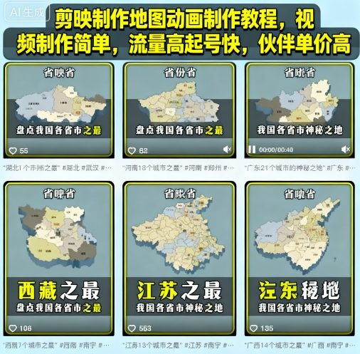 剪映制作地图动画制作教程，视频制作简单，流量高起号快，伙伴单价高-生财