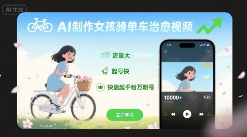 AI制作女孩骑单车治愈视频，流量大，起号快，快速起千粉万粉号-生财