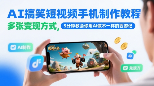 AI搞笑短视频手机制作教程，多张变现方式，5分钟教会你用AI做不一样的西游记-生财