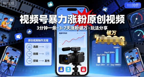 视频号暴力涨粉原创视频，3分钟一条原创视频，3-7天涨粉破万，玩法分享给你-生财