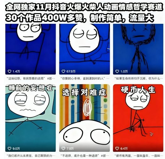 全网独家11月抖音火爆火柴人动画情感哲学赛道,30个作品400W多赞,制作简单,流量大【教学+素材】-生财