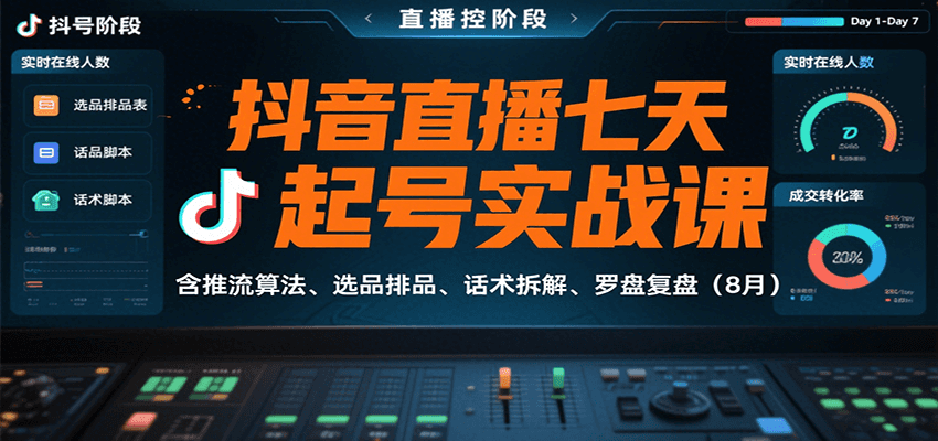 抖音直播七天起号实战课：含推流算法、选品排品、话术拆解、罗盘复盘(8月)-生财