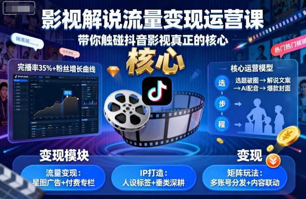影视解说流量变现运营课，带你触碰抖音影视真正的核心-生财