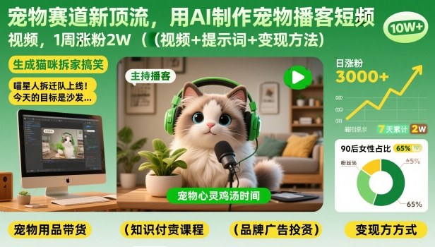 宠物赛道新顶流，用AI制作宠物播客短视频，1周涨粉2W(视频+提示词+变现方法)-生财