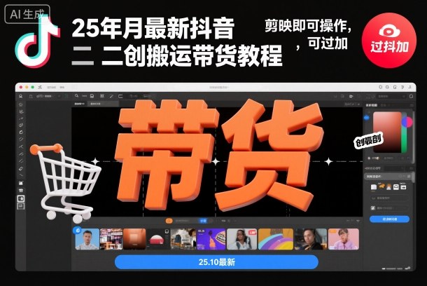 25年10月最新抖音二创搬运带货教程，剪映即可操作，可过抖加-生财