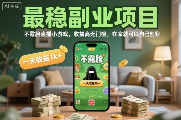 最稳副业项目，不露脸直播小游戏，收益高无门槛，一天收益1k+，在家就可以自己创业【揭秘】-生财