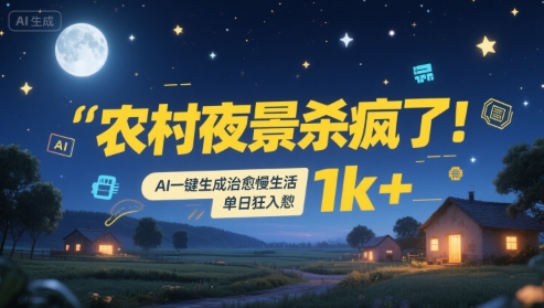 农村夜景杀疯了！AI一键生成治愈系慢生活，单日狂入1k+-生财