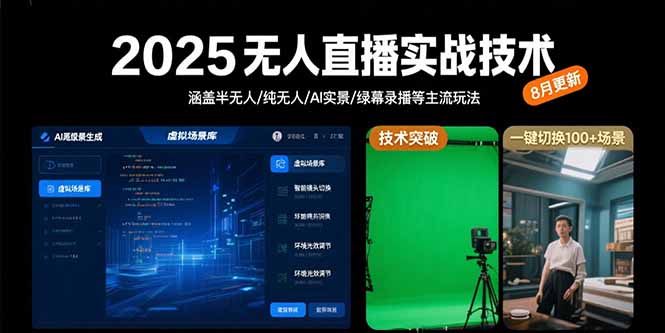 2025无人直播实战技术-8月,涵盖半无人/纯无人/AI实景/绿幕录播等主流玩法-生财