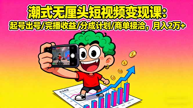 潮式无厘头短视频变现课：起号出号/完播收益/分成计划/商单接洽，月入2万+-生财